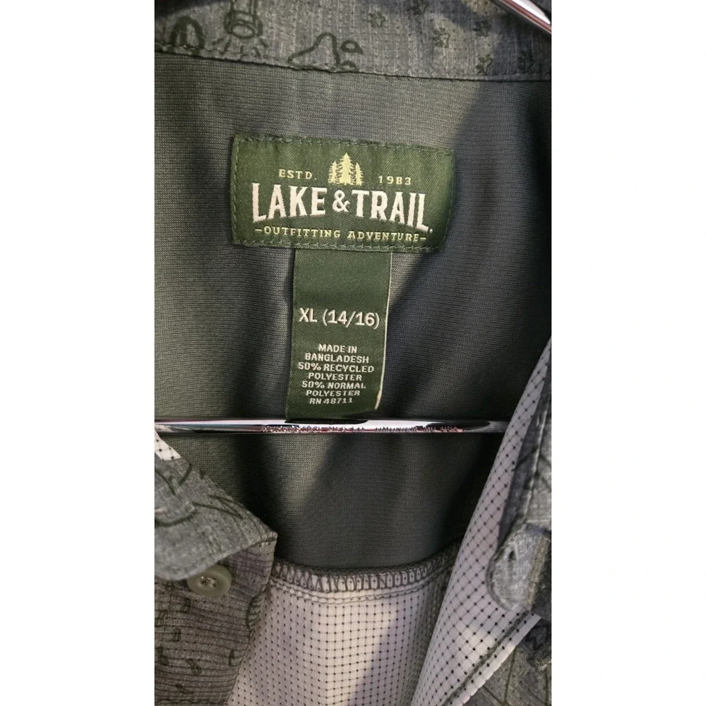 Lake & Trail Boys XL 14/16 Outdoor Camping Print Button Up Shirt Style Green